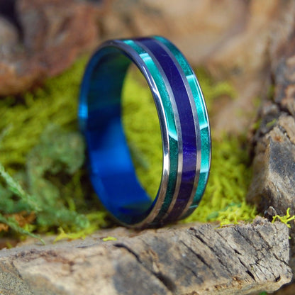 Purple Pleasures With Blue | Men's Aquatic Green Resin, Purple Marbled Opalescent & Titanium Wedding Ring - Minter and Richter Designs