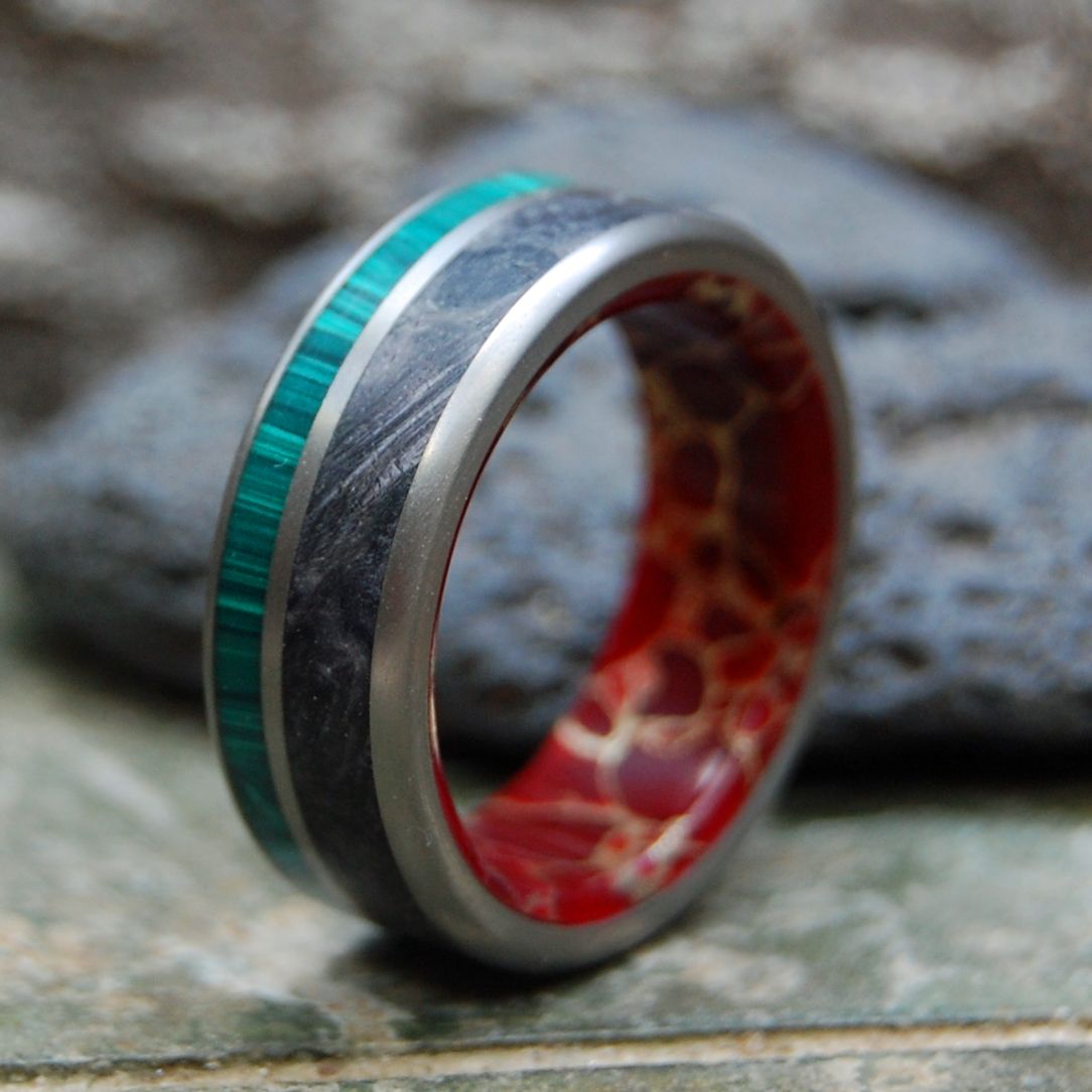 Queen Of Hearts | Men's Green Malachite, Black Box Elder Wood, Red Jasper Stone & Titanium Wedding Ring - Minter and Richter Designs