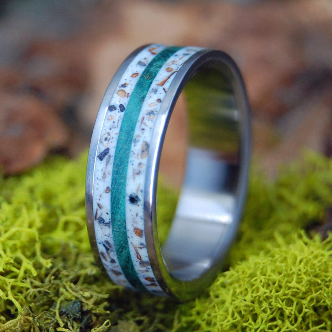 Rakopotamos Larissa Greece Green | Men's Beach Sand, Wood & Titanium Wedding Ring - Minter and Richter Designs