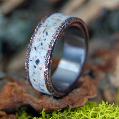 Rakopotamos Larissa Greece | Men's Beach Sand, Beaten Copper & Titanium Wedding Ring - Minter and Richter Designs