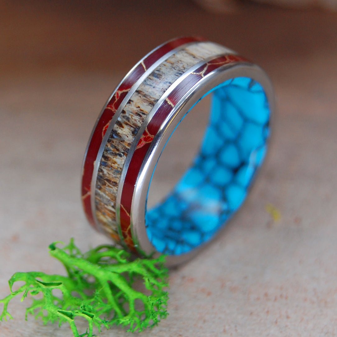 Red Jasper Turquoise Moose Off Maine | Men's Red Jasper, Turquoise, Azurite & Moose Antler Wedding Ring - Minter and Richter Designs