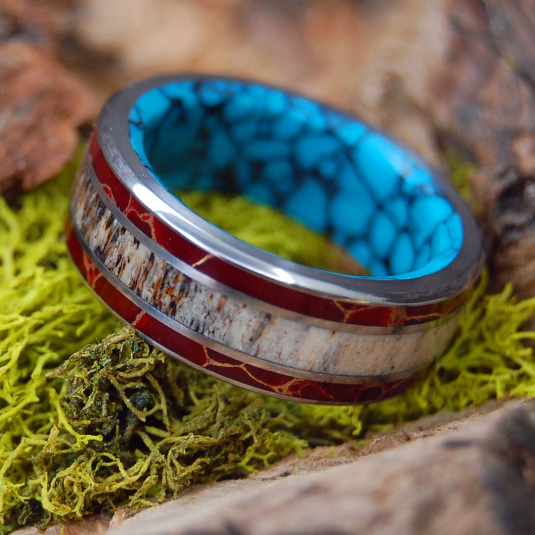 Red Jasper Turquoise Moose Off Maine | Men's Red Jasper, Turquoise, Azurite & Moose Antler Wedding Ring - Minter and Richter Designs