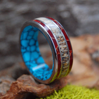 Red Jasper Turquoise Moose Off Maine | Men's Red Jasper, Turquoise, Azurite & Moose Antler Wedding Ring - Minter and Richter Designs