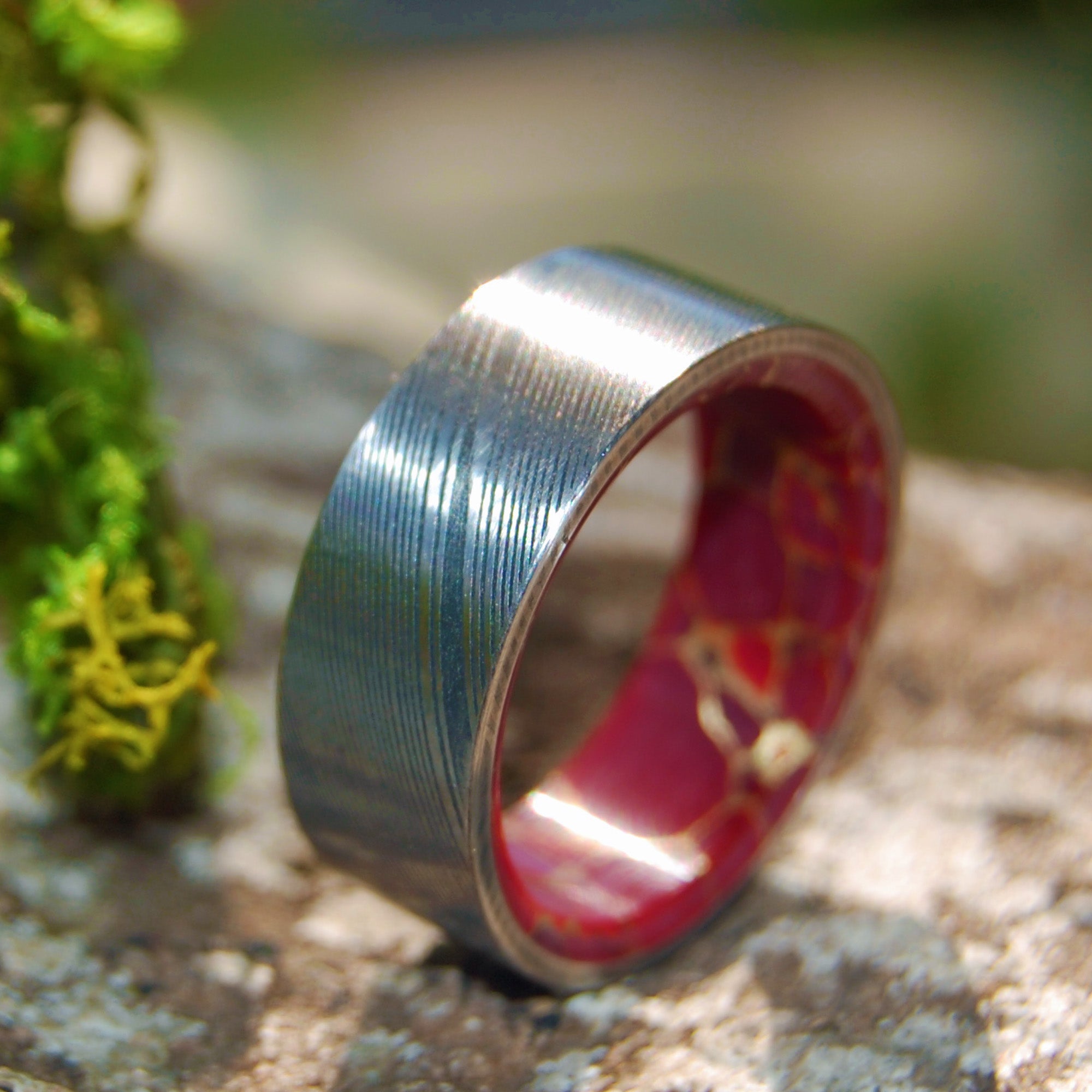 Red Jasper Vortex | Men's Damascus Steel, Red Jasper & Titanium Wedding Ring - Minter and Richter Designs