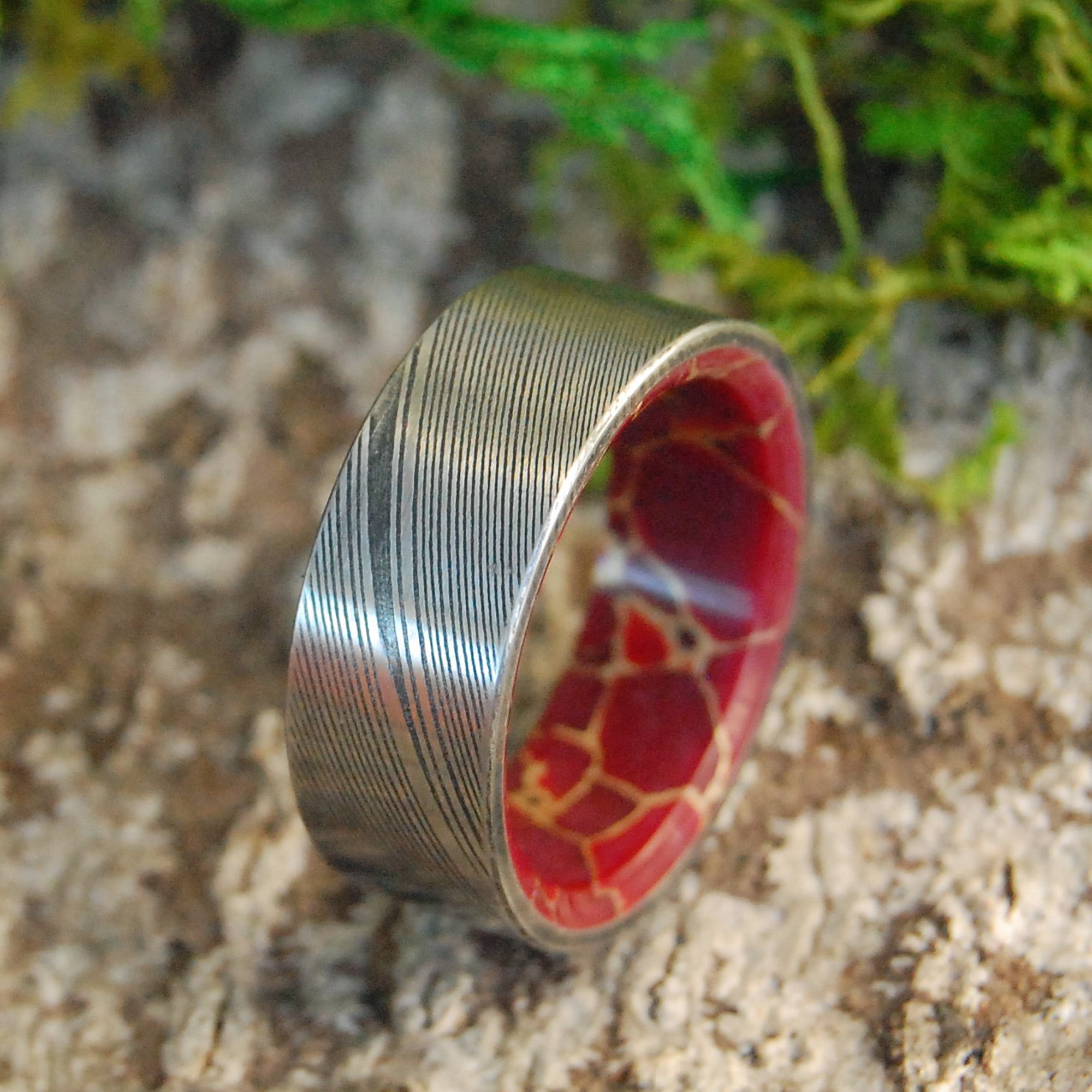 Red Jasper Vortex | Men's Damascus Steel, Red Jasper & Titanium Wedding Ring - Minter and Richter Designs