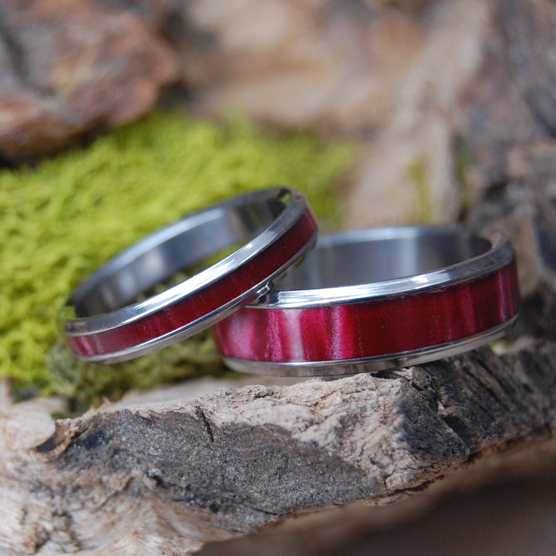 Red Marbled Flared Set | Red Marbled Opalescent Resin - Titanium Wedding Ring - Minter and Richter Designs