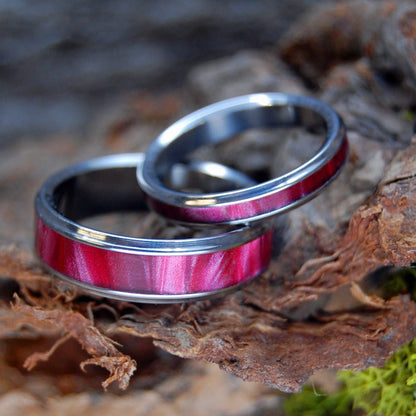 Red Marbled Flared Set | Red Marbled Opalescent Resin - Titanium Wedding Ring - Minter and Richter Designs