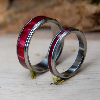 Red Marbled Flared Set | Red Marbled Opalescent Resin - Titanium Wedding Ring - Minter and Richter Designs