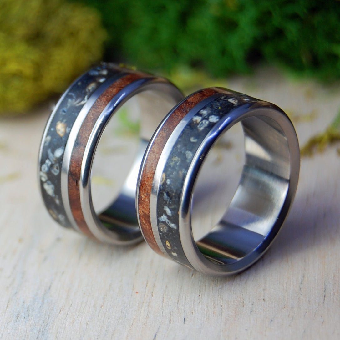 Redwood Lava | Icelandic Lava, California Redwood - Titanium Wedding Ring Set - Minter and Richter Designs