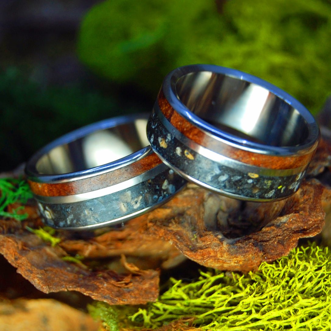 Redwood Lava | Icelandic Lava, California Redwood - Titanium Wedding Ring Set - Minter and Richter Designs