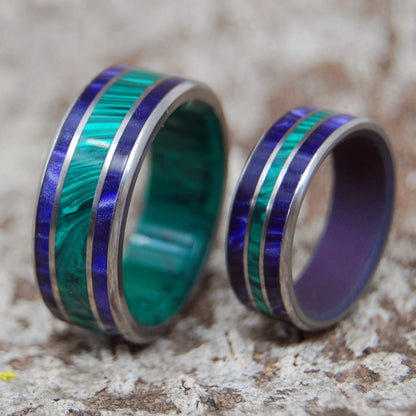 Riders Of The Purple Sage | Malachite, Jade And Purple Marbled Opalescent - Unique Wedding Ring - Wedding Ring Set - Minter and Richter Designs