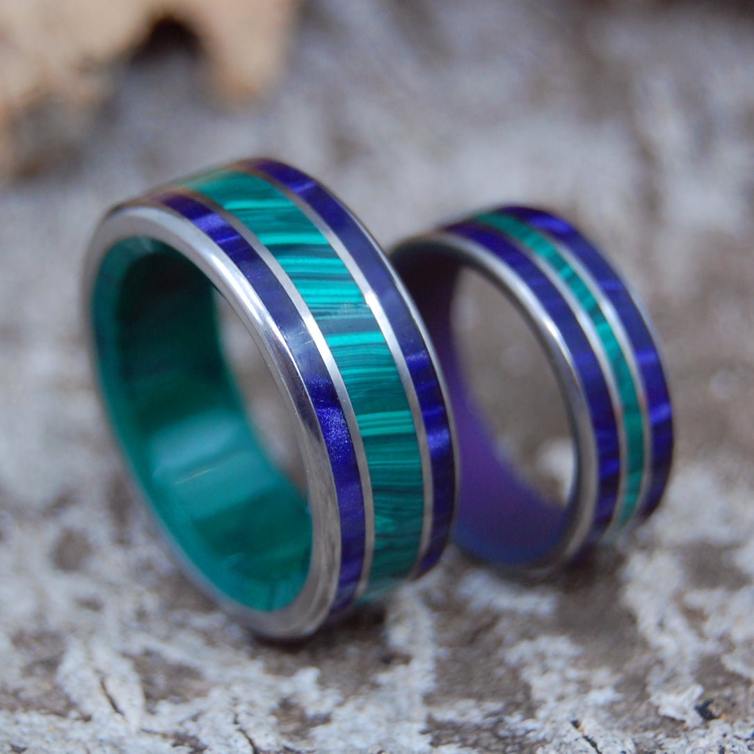 Riders Of The Purple Sage | Malachite, Jade And Purple Marbled Opalescent - Unique Wedding Ring - Wedding Ring Set - Minter and Richter Designs