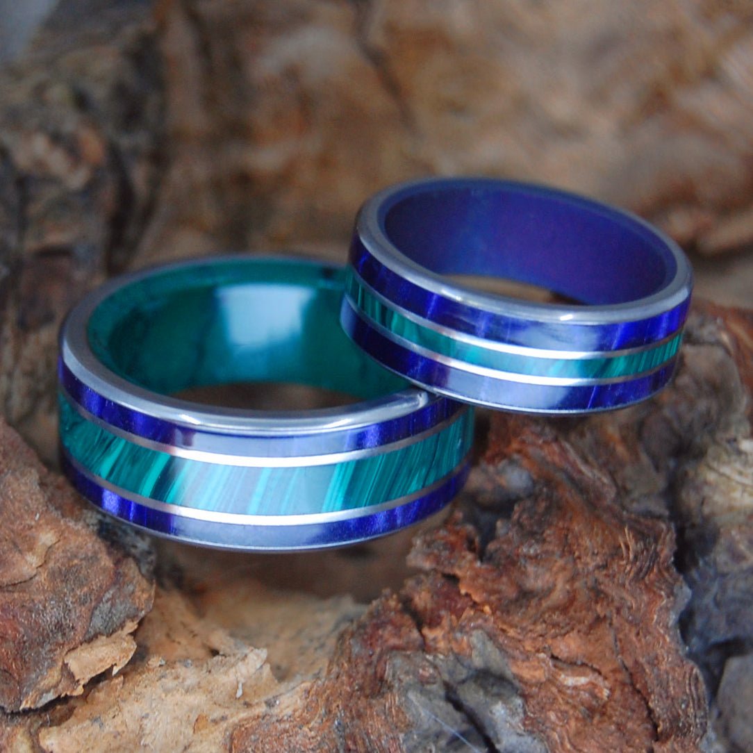 Riders Of The Purple Sage | Malachite, Jade And Purple Marbled Opalescent - Unique Wedding Ring - Wedding Ring Set - Minter and Richter Designs