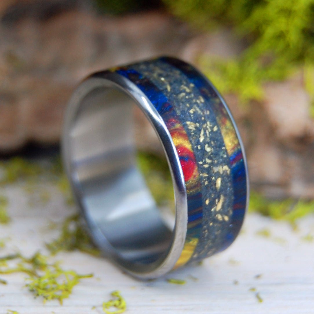 Ring My Bell | Men's Brass, Black Sand, Lava Explosion Resin & Titanium Wedding Ring - Minter and Richter Designs