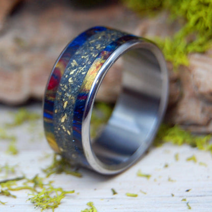 Ring My Bell | Men's Brass, Black Sand, Lava Explosion Resin & Titanium Wedding Ring - Minter and Richter Designs