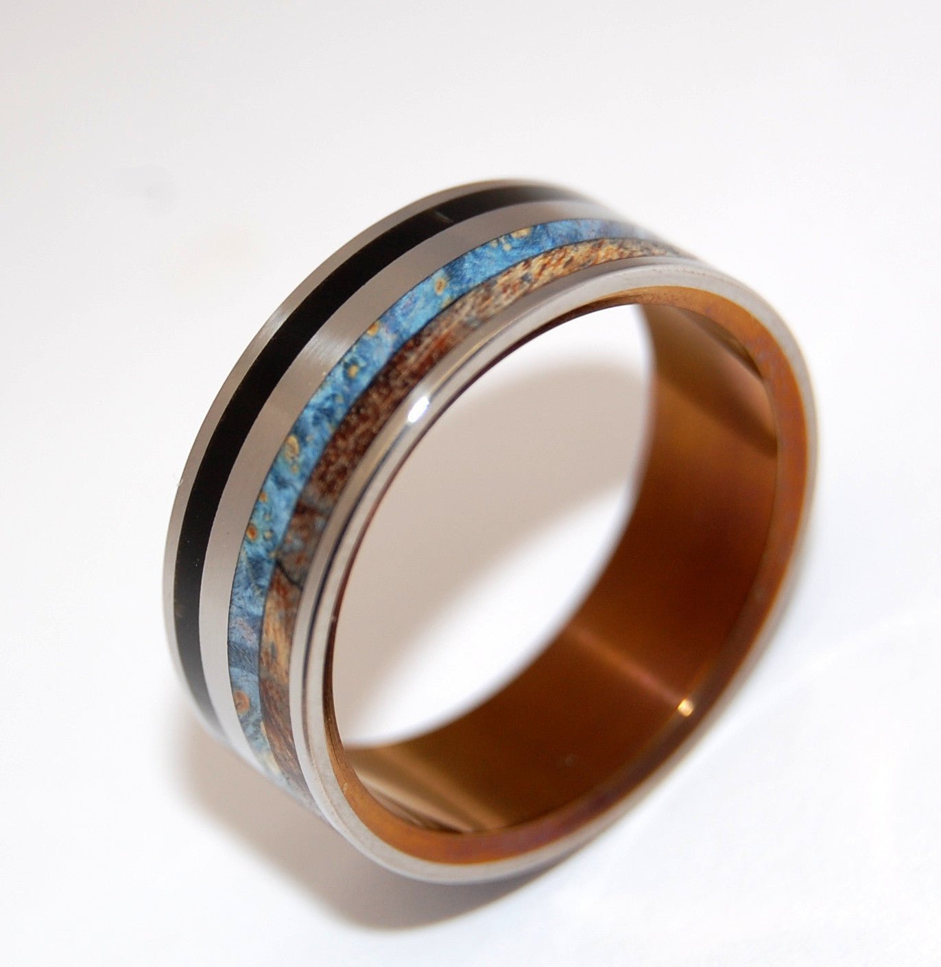 Rising Sun | Men's Onyx Stone, Box Elder Wood, Spalted Maple Wood & Titanium Wedding Ring - Minter and Richter Designs