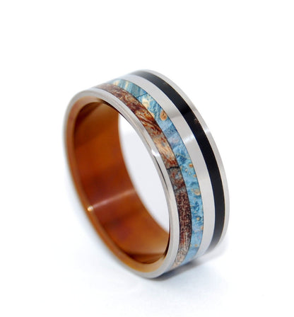 Rising Sun | Men's Onyx Stone, Box Elder Wood, Spalted Maple Wood & Titanium Wedding Ring - Minter and Richter Designs