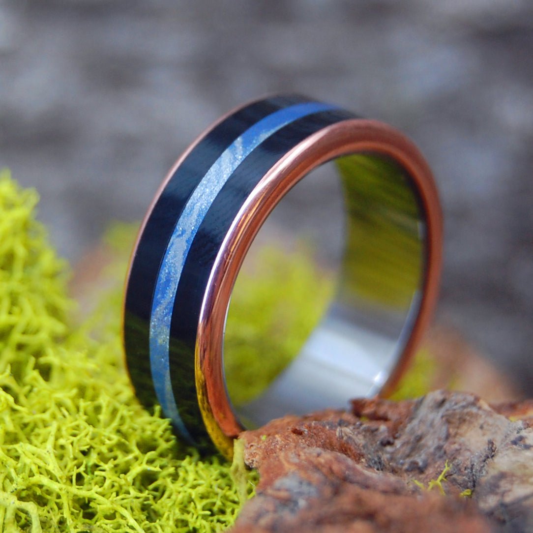 River Through Lava | Men's Mokume Gane, Onyx, & Copper Wedding Ring - Minter and Richter Designs