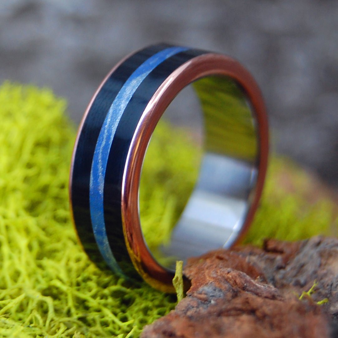 River Through Lava | Men's Mokume Gane, Onyx, & Copper Wedding Ring - Minter and Richter Designs