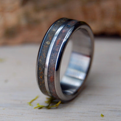 Rocks From Our Beginning | Men's Meteorite, Dinosaur Bone & Titanium Wedding Ring - Minter and Richter Designs