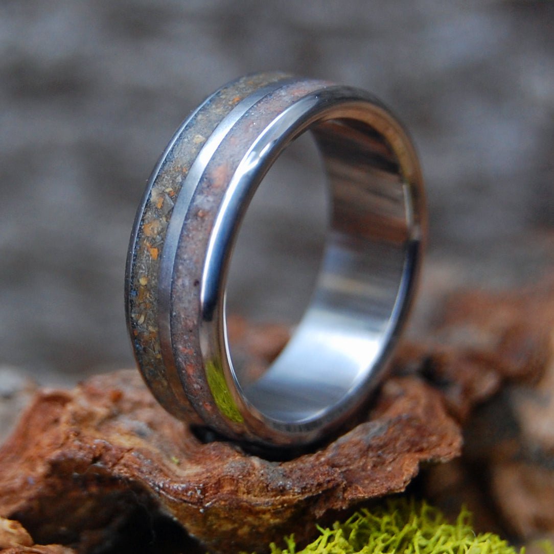 Rocks From Our Beginning | Men's Meteorite, Dinosaur Bone & Titanium Wedding Ring - Minter and Richter Designs