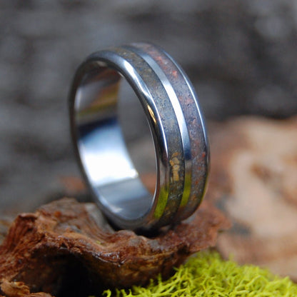 Rocks From Our Beginning | Men's Meteorite, Dinosaur Bone & Titanium Wedding Ring - Minter and Richter Designs