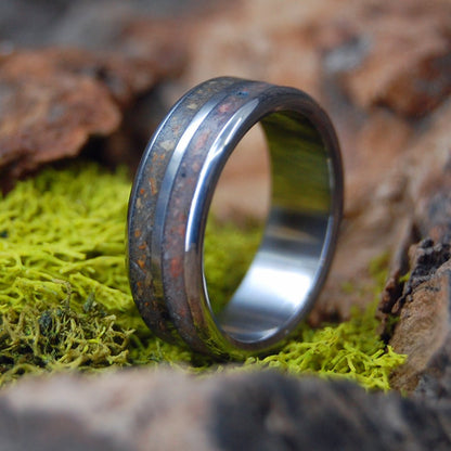 Rocks From Our Beginning | Men's Meteorite, Dinosaur Bone & Titanium Wedding Ring - Minter and Richter Designs