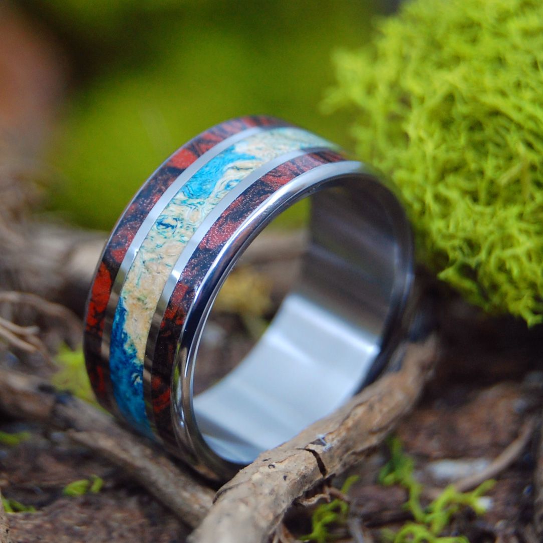 Sabado | Men's Blue Box Elder Wood, Red Mokume Gane, Black Mokume Gane & Titanium Wedding Ring - Minter and Richter Designs