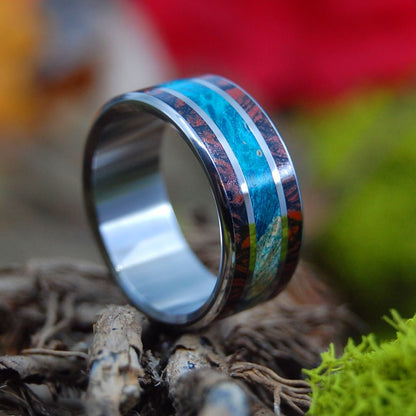 Sabado | Men's Blue Box Elder Wood, Red Mokume Gane, Black Mokume Gane & Titanium Wedding Ring - Minter and Richter Designs