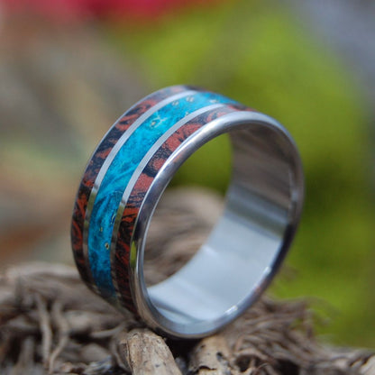 Sabado | Men's Blue Box Elder Wood, Red Mokume Gane, Black Mokume Gane & Titanium Wedding Ring - Minter and Richter Designs