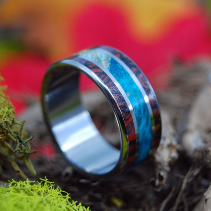 Sabado | Men's Blue Box Elder Wood, Red Mokume Gane, Black Mokume Gane & Titanium Wedding Ring - Minter and Richter Designs