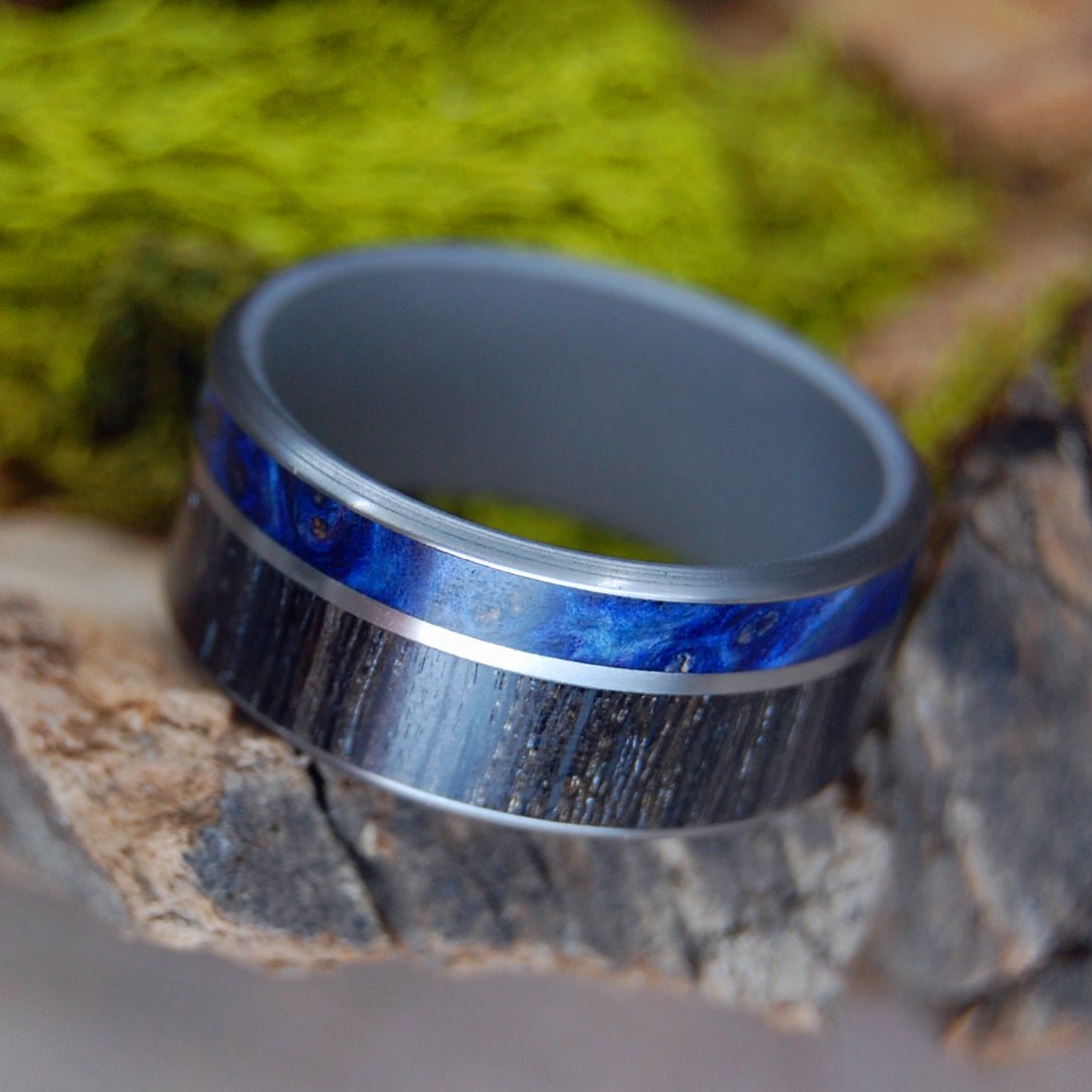 Scottish Highlands | Men's Scottish Bog Oak, Blue Box Elder Wood & Titanium Wedding Ring - Minter and Richter Designs