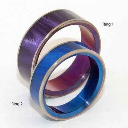 Sea Bed Beauty | Purple Opalescent & Blue Marbled Opalescent Resin - Titanium Wedding Ring Set - Minter and Richter Designs