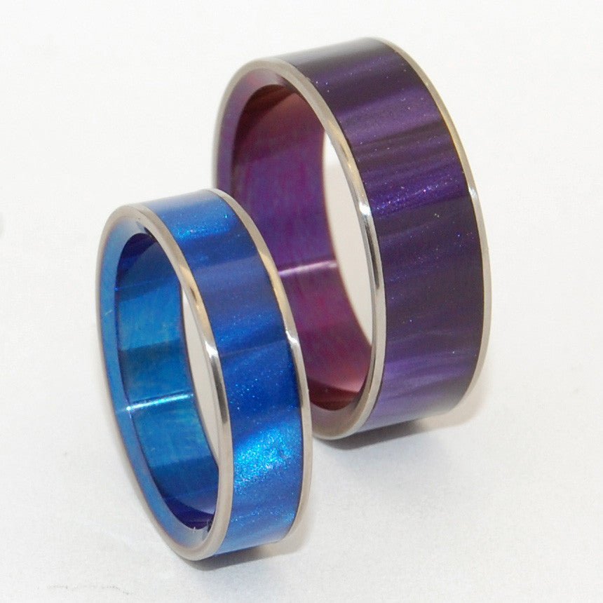 Sea Bed Beauty | Purple Opalescent & Blue Marbled Opalescent Resin - Titanium Wedding Ring Set - Minter and Richter Designs