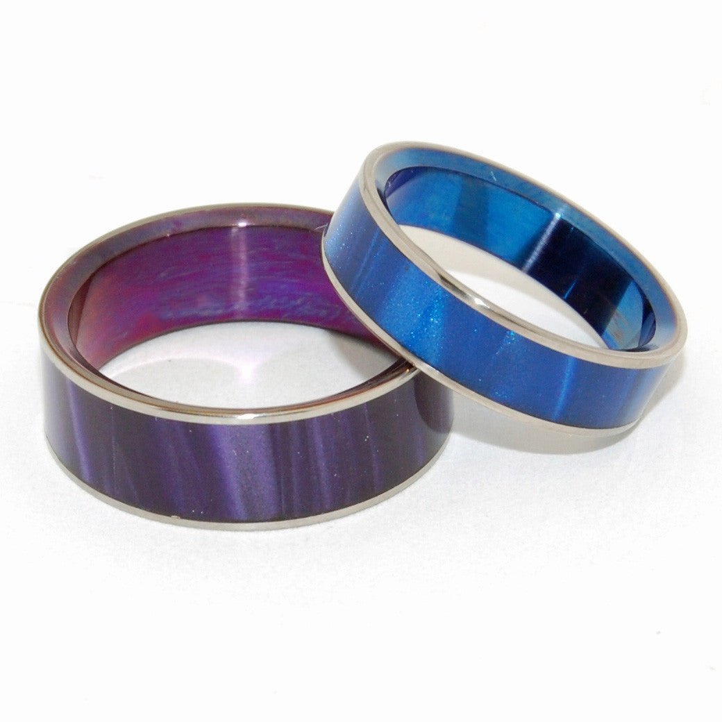 Sea Bed Beauty | Purple Opalescent & Blue Marbled Opalescent Resin - Titanium Wedding Ring Set - Minter and Richter Designs