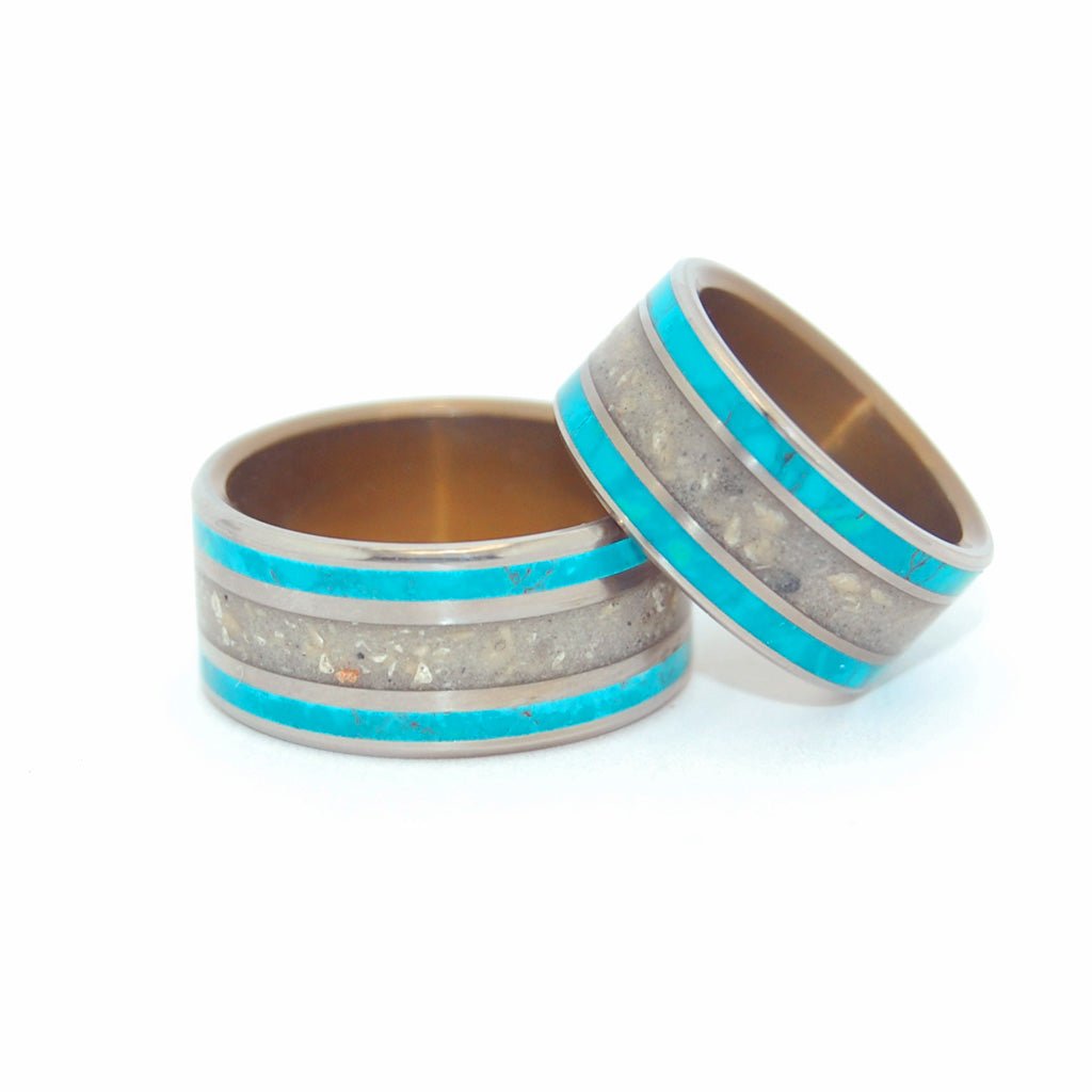 Sea Of Galilee | Israel Beach Sand & Chrysocolla Stone Unique Wedding Ring Sets - Minter and Richter Designs