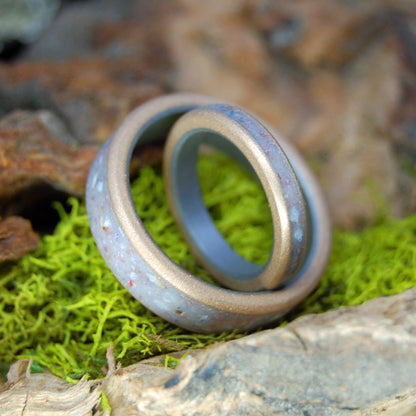 Sea Shells We Collected Together | Crushed Sea Shells, Beach Sand And Glass Bead Bronze Titanium Wedding Ring Set - Minter and Richter Designs