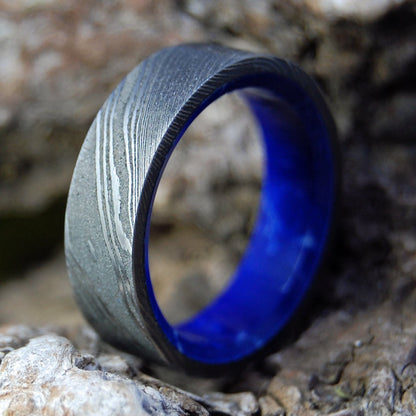 Sea Wall | Men's Damascus Damasteel, Sodalite Stone & Titanium Wedding Ring - Minter and Richter Designs