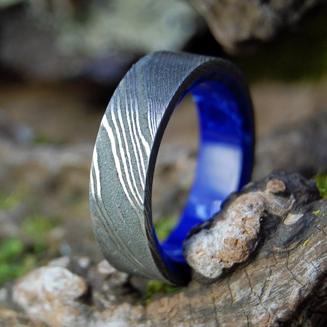 Sea Wall | Men's Damascus Damasteel, Sodalite Stone & Titanium Wedding Ring - Minter and Richter Designs