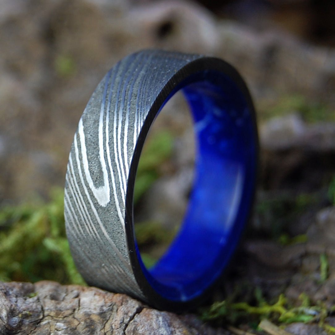 Sea Wall | Men's Damascus Damasteel, Sodalite Stone & Titanium Wedding Ring - Minter and Richter Designs