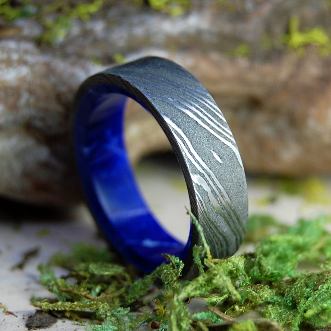 Sea Wall | Men's Damascus Damasteel, Sodalite Stone & Titanium Wedding Ring - Minter and Richter Designs