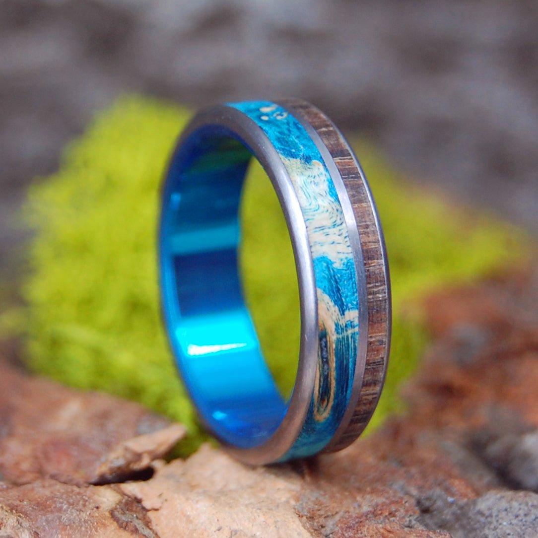 Sea Zebra | Men's Turquoise, Box Elder Wood, & Zebra Wood Wedding Ring - Minter and Richter Designs