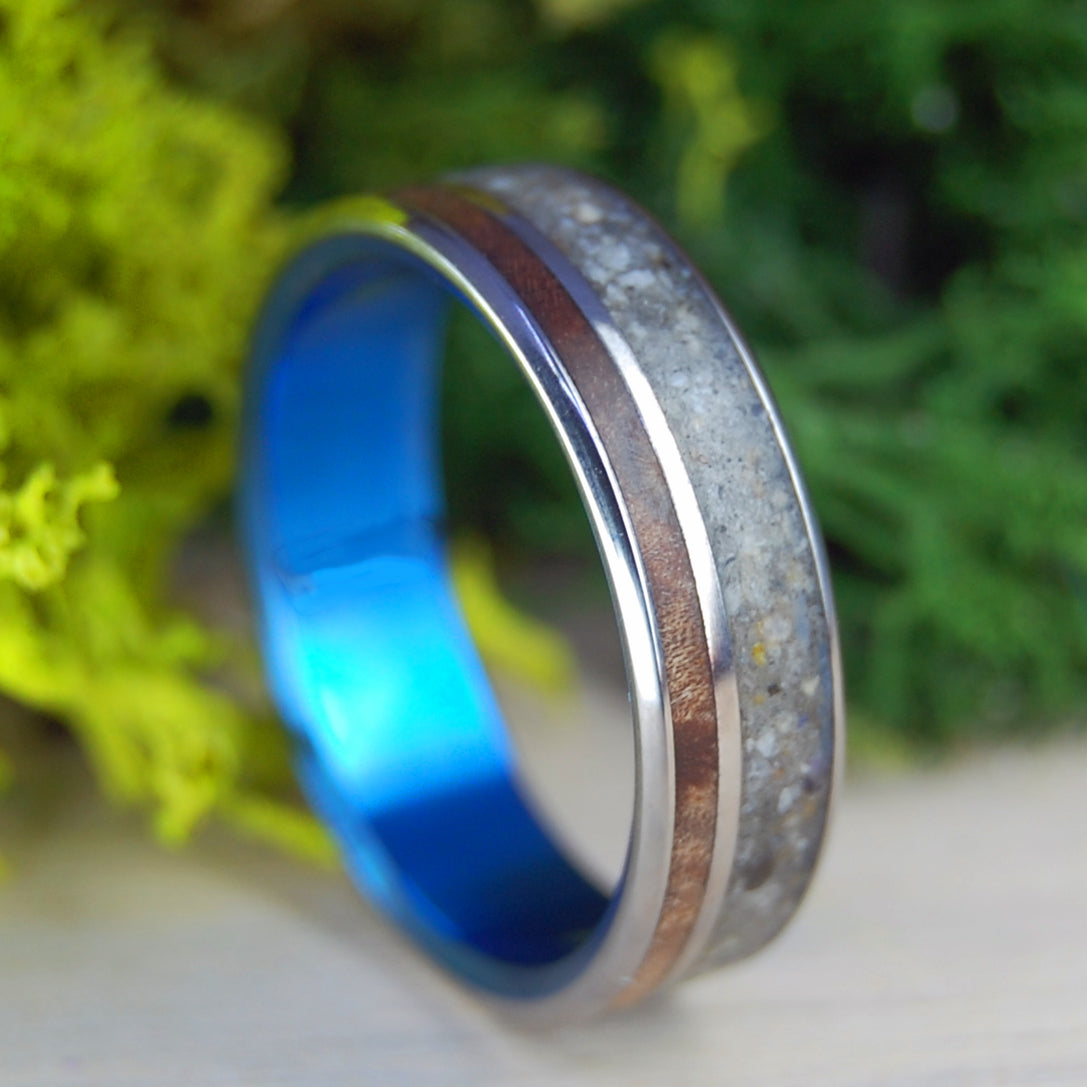 SEQUOIA GROVE | Pacific Grove Beach Sand & Sequoia Redwood Titanium Wedding Rings