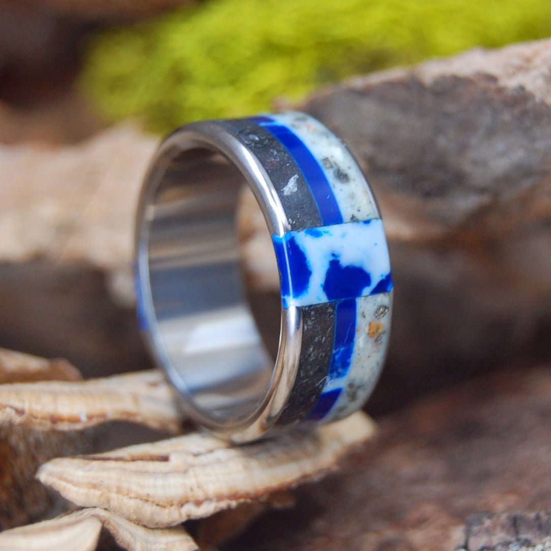 She's Got It All | Men's Cobalt, Dinosaur Teeth, Haitian Sand, Fools Gold, Megalodon Shark, Viking Bedrock & Titanium Wedding Ring - Minter and Richter Designs