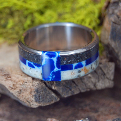 She's Got It All | Men's Cobalt, Dinosaur Teeth, Haitian Sand, Fools Gold, Megalodon Shark, Viking Bedrock & Titanium Wedding Ring - Minter and Richter Designs