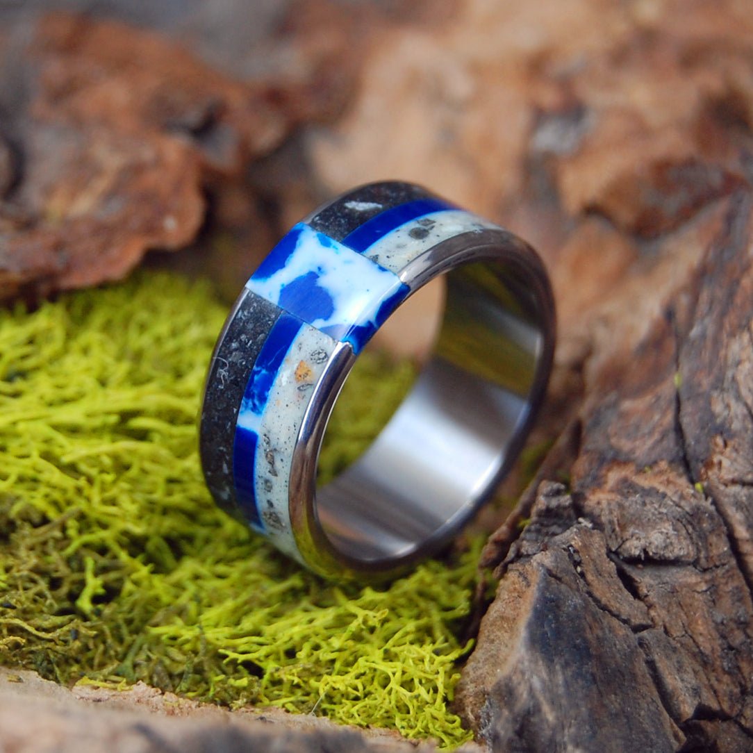 She's Got It All | Men's Cobalt, Dinosaur Teeth, Haitian Sand, Fools Gold, Megalodon Shark, Viking Bedrock & Titanium Wedding Ring - Minter and Richter Designs