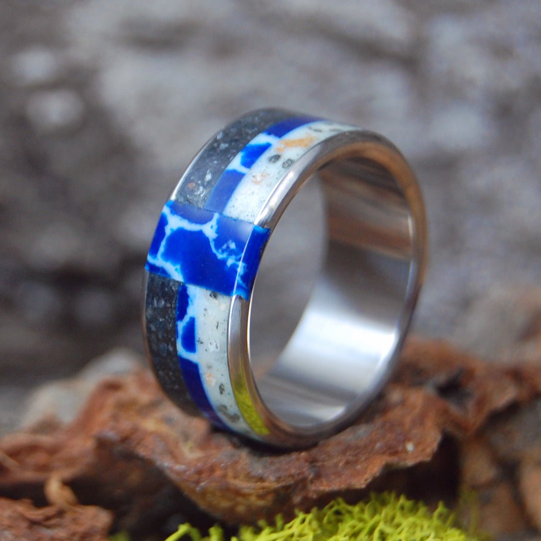 She's Got It All | Men's Cobalt, Dinosaur Teeth, Haitian Sand, Fools Gold, Megalodon Shark, Viking Bedrock & Titanium Wedding Ring - Minter and Richter Designs