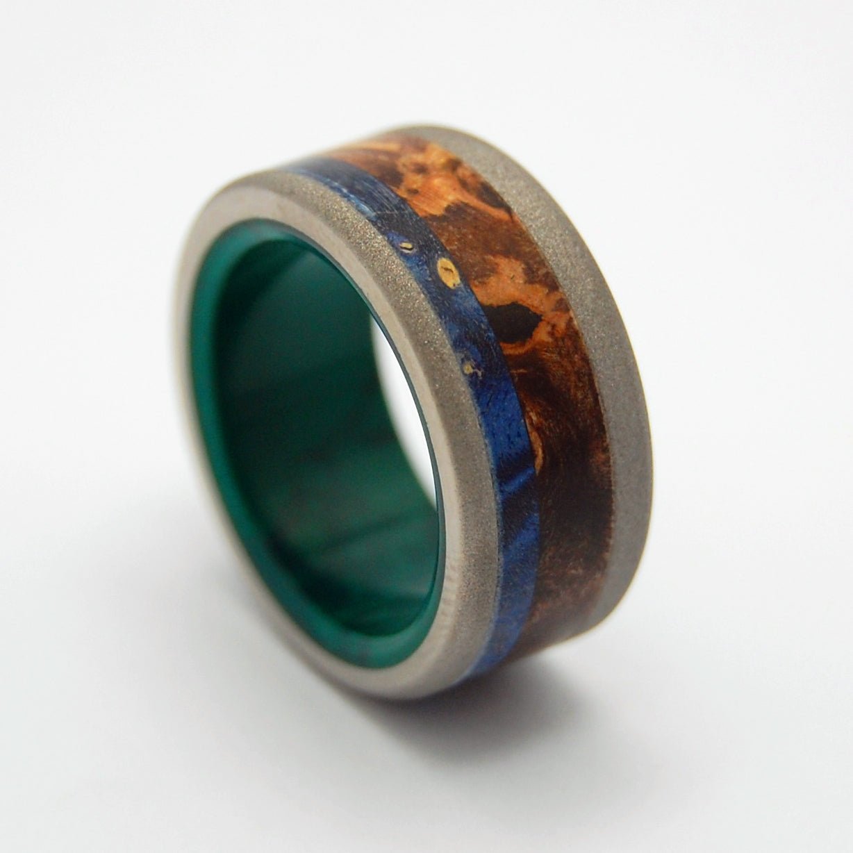 Shikoku Island | Men's Jade Stone, Blue Box Elder Wood & Titanium Wedding Ring - Minter and Richter Designs