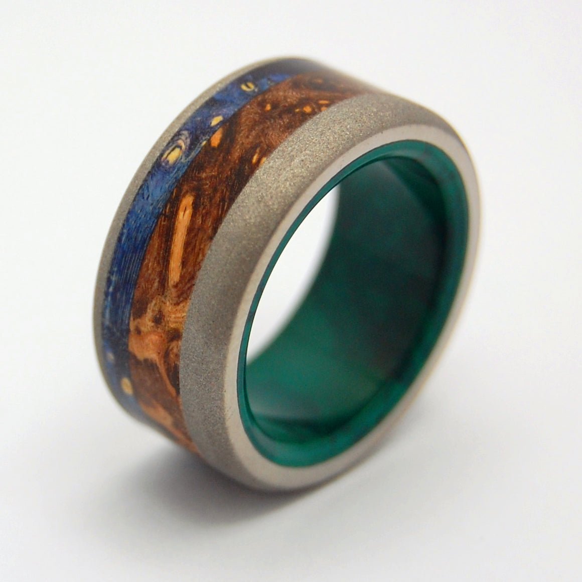 Shikoku Island | Men's Jade Stone, Blue Box Elder Wood & Titanium Wedding Ring - Minter and Richter Designs