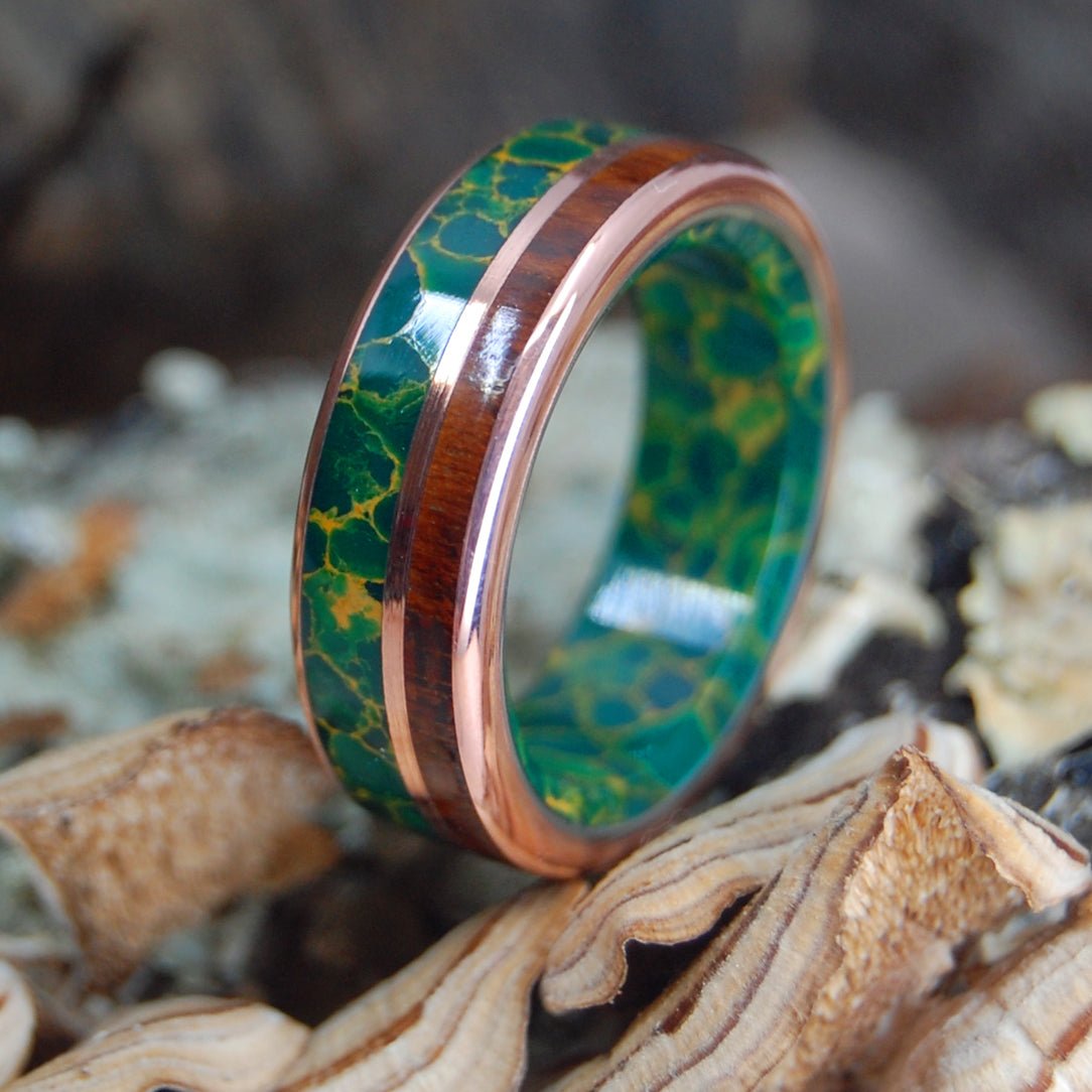 Snake Thru Love | Men's Snakewood, Copper, Egyptian Jade & Titanium Wedding Ring - Minter and Richter Designs